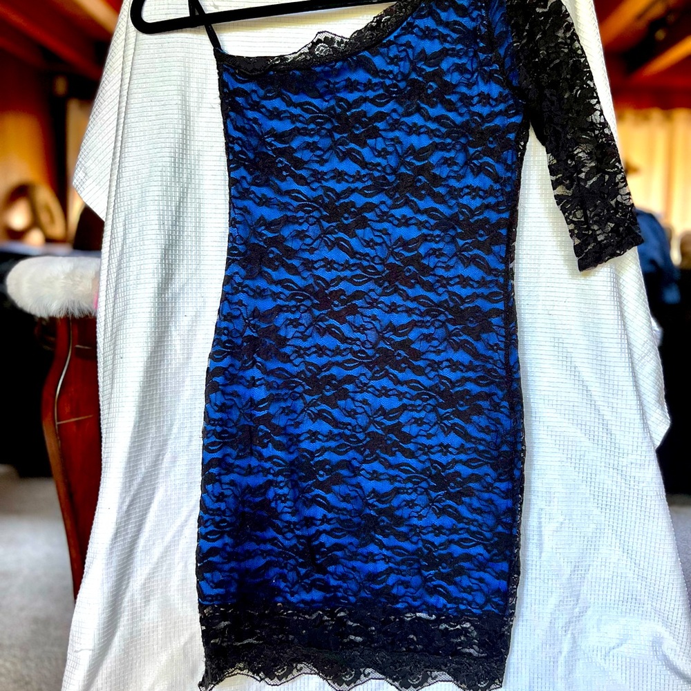 Blue w/ black lace womens formal dress